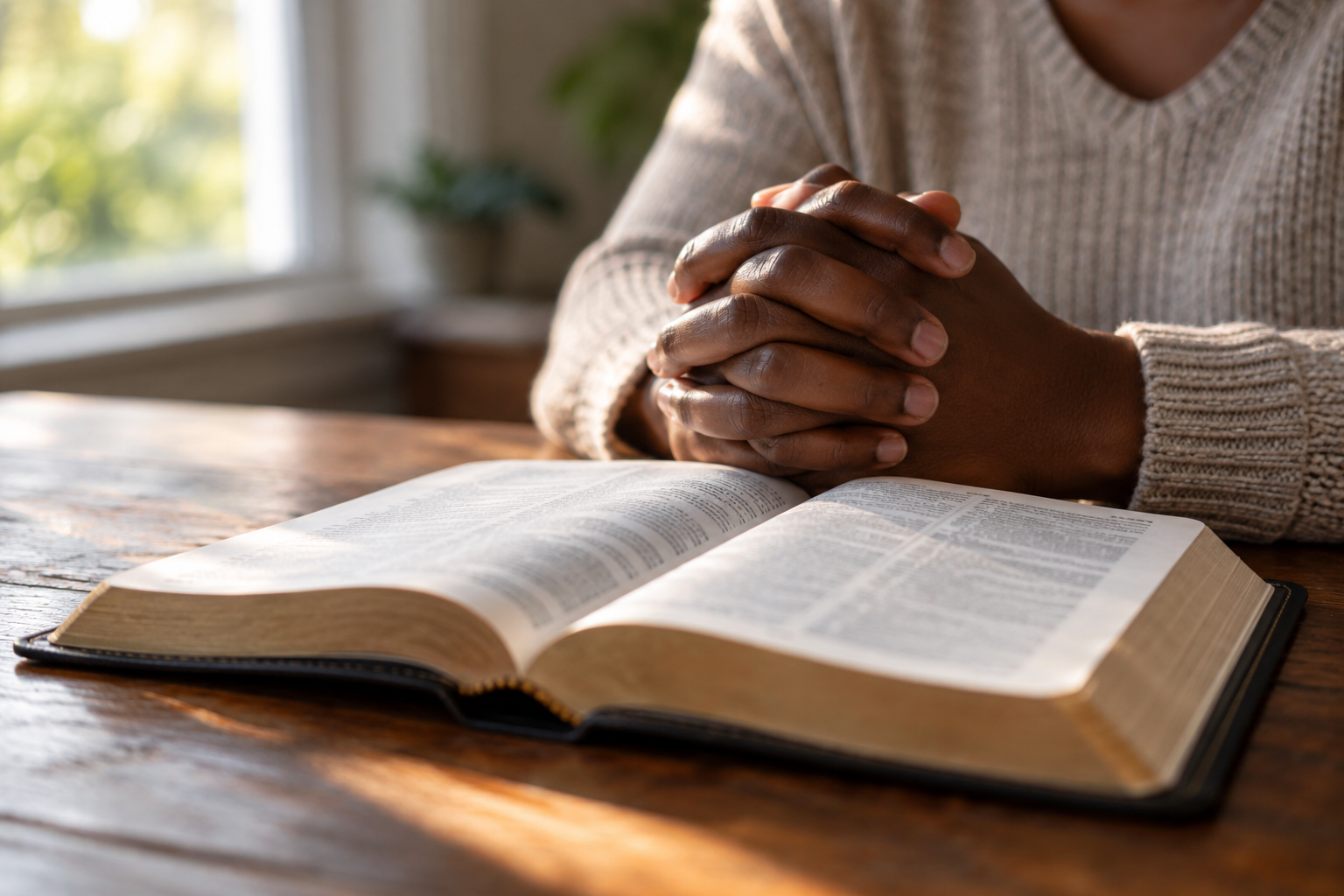 Open Bible with hands resting beside it in prayer