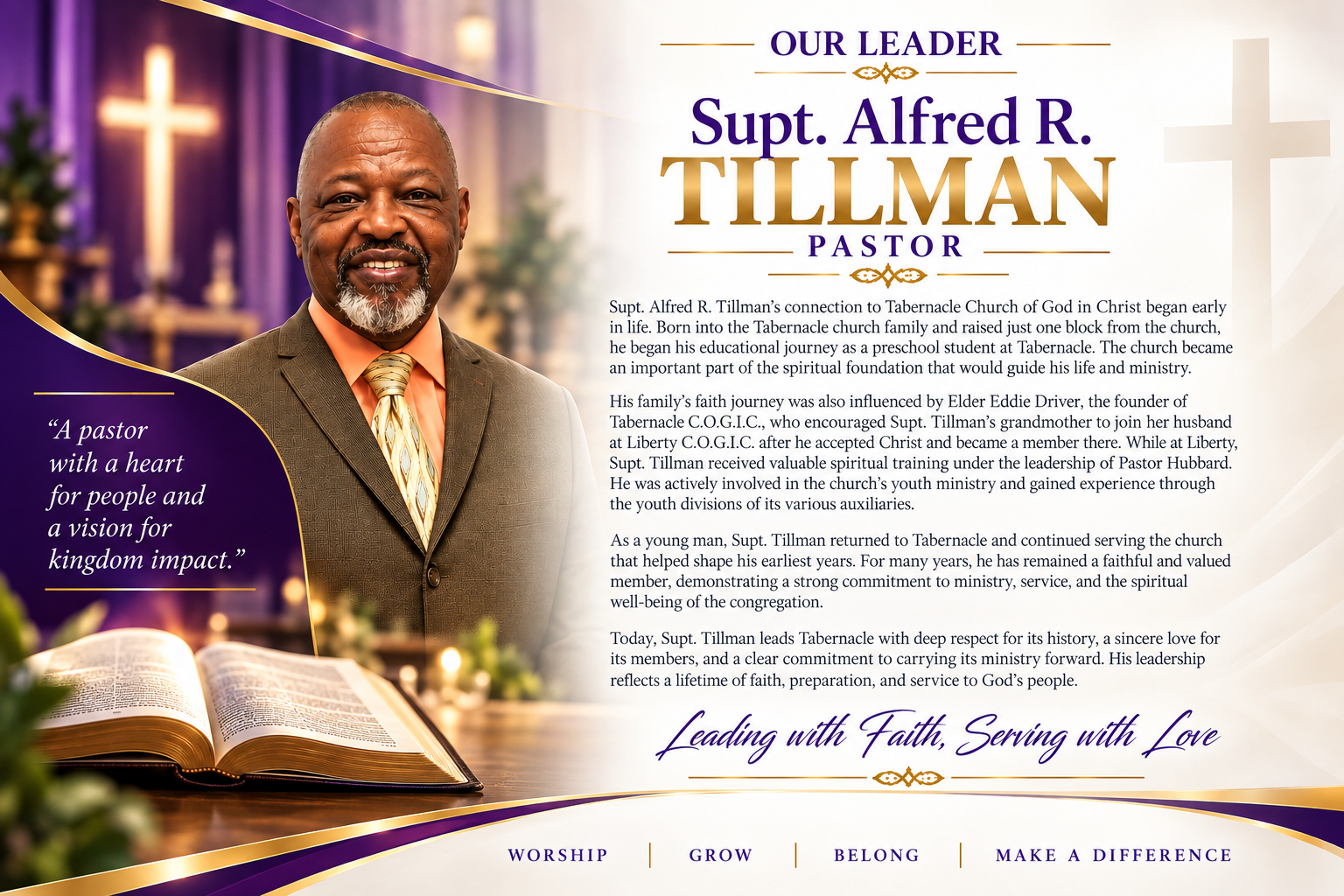 Previously prepared biography graphic for Pastor Alfred R. Tillman